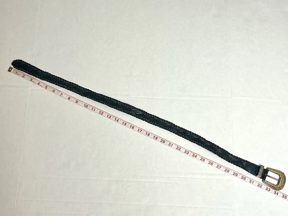 Cinturón De Colección Express Talla S Cuero Trenzado Negro Hebilla Grabada Dorada Western Boho Foto 3 de 4