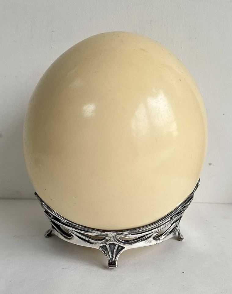 Ancien œuf autruche avec support socle WMF art nouveau Jugendstil métal argenté - Photo 3/4