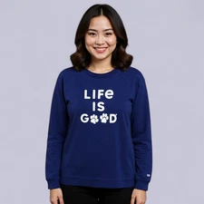 Life Is Good Women's Soft Long Sleeve Logo Sweatshirt Large Navy BLUE