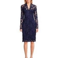 Marina Navy Blue Sequin Floral Lace Sheath Dress Long Sleeve V-Neck Scalloped