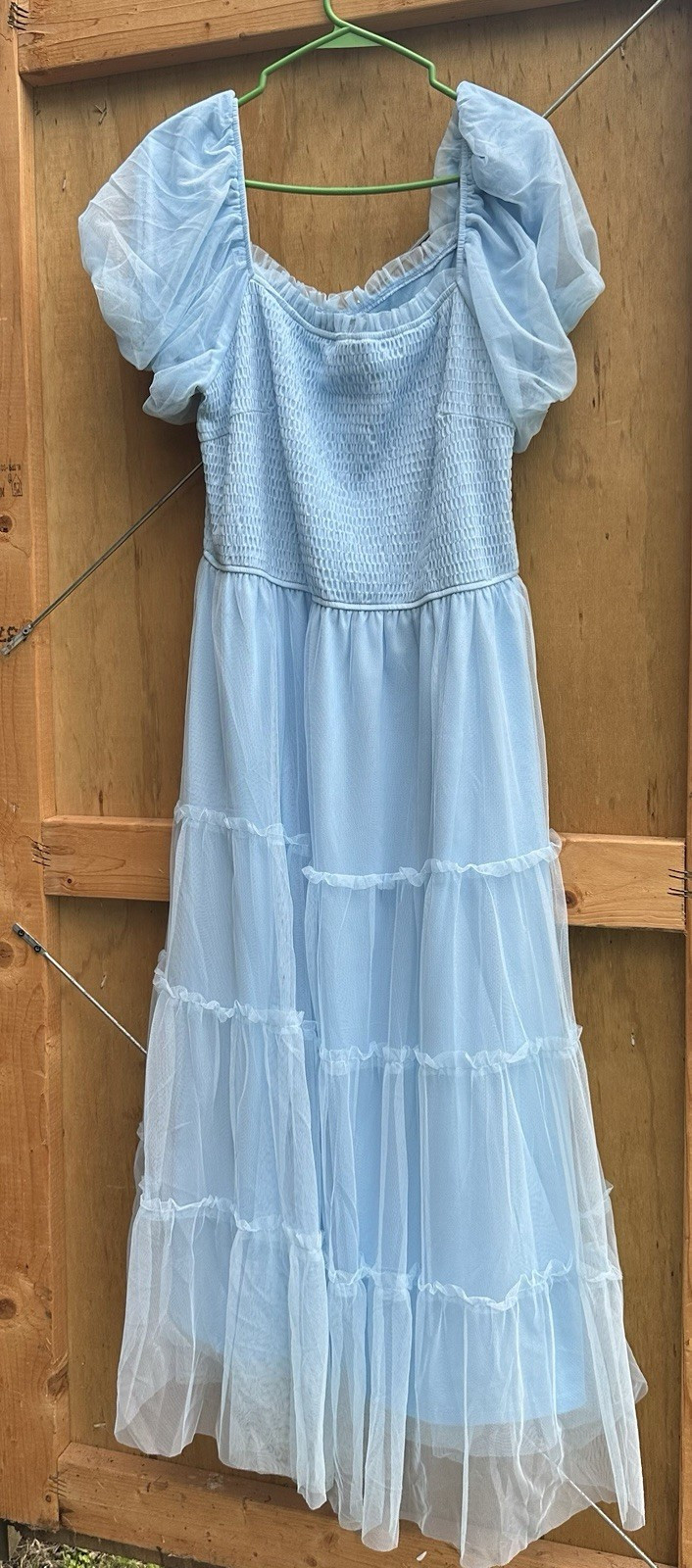 Women's Blue Solid Tulle Midi Dress Square Neck Puff Sleeve Smocked Ruffle M