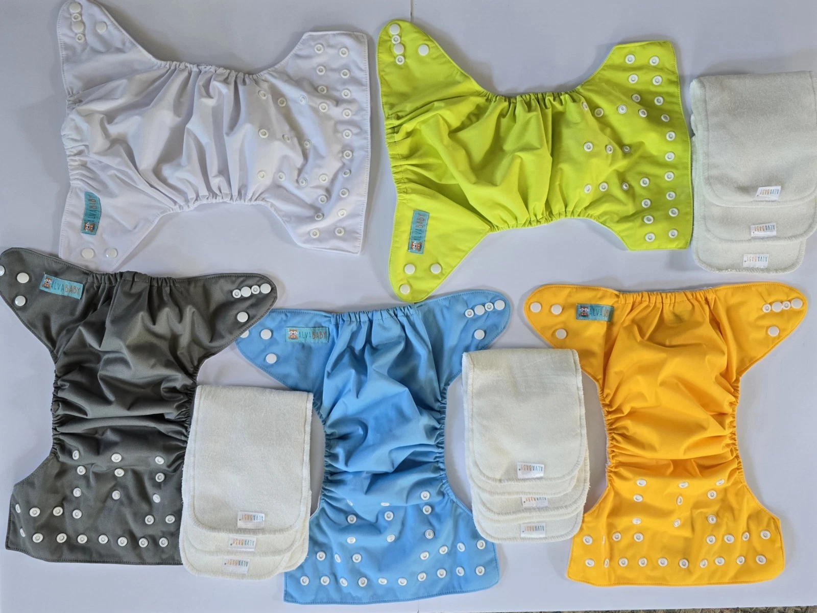 NICE Lot of 5 ALVA Baby POCKET Cloth DIAPERS With 9 INSERTS