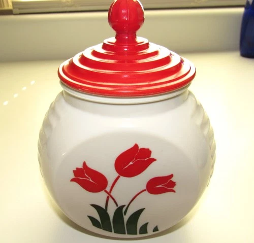 Vintage Anchor Hocking Vitrock Grease Jar w/ Lid Milk Glass Red Tulips