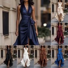 Women’s Elegant Deep V-Neck Irregular Ruffled Satin Evening Dress – Lace-Up High