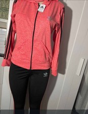 adidas Women's Pink Hooded Jacket Black Pants Set, Elastic Waist, Zip, 2 Piece