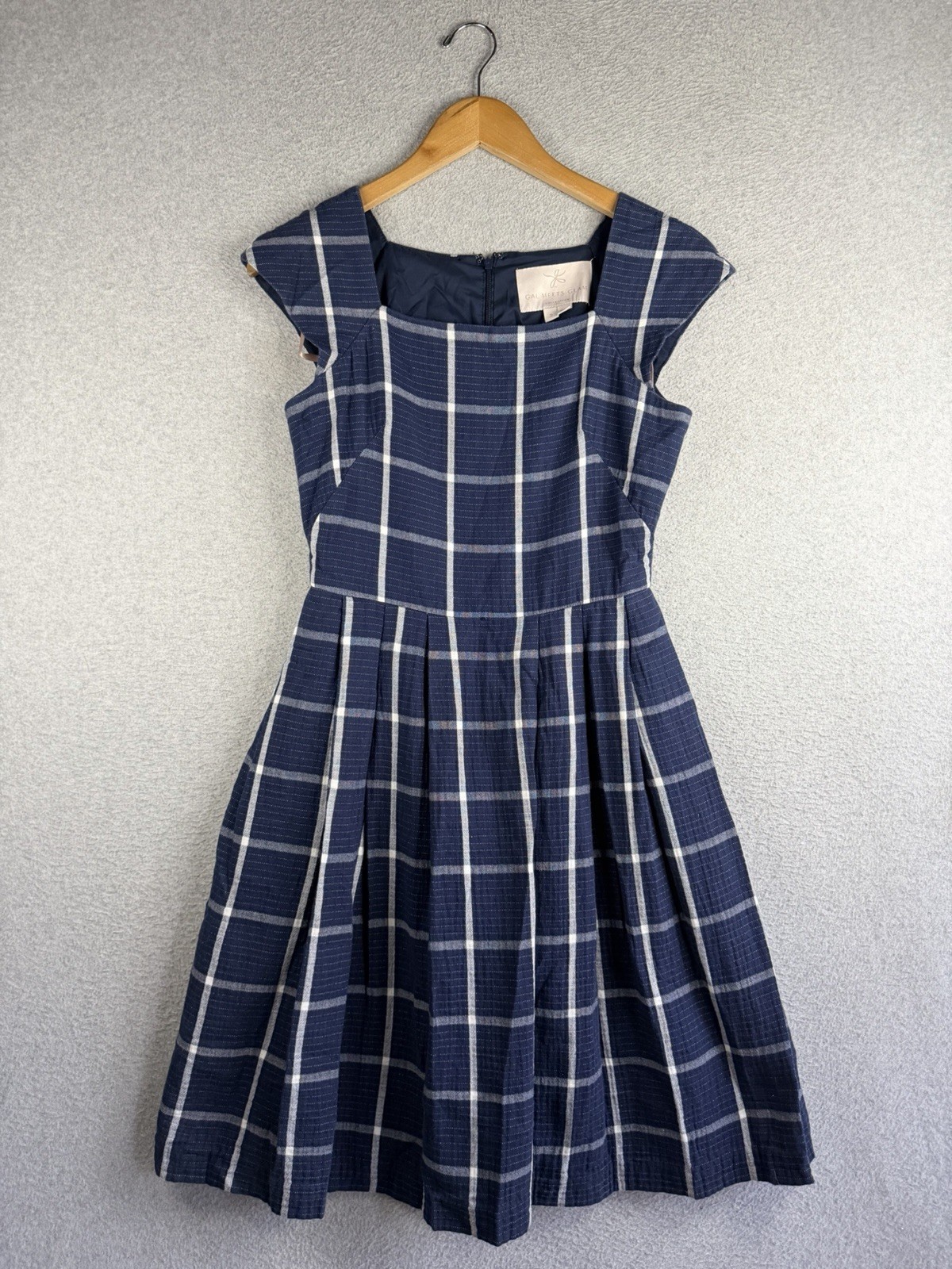 Gal Meets Glam Dress Womens 2 Navy Plaid A Line Pleated Preppy Sloanie Academia