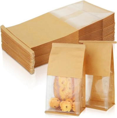 100PCS Bakery Bags with Window, 5.1 x 4.3 x 11.2 Inch Brown Tin Tie Tab Lock