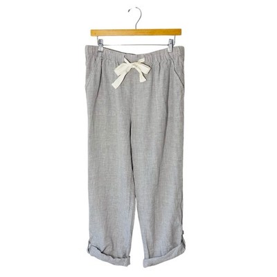 ELLEN TRACY 100% Linen Cropped Rolled Cuff Gingham Pants Size Large Coastal