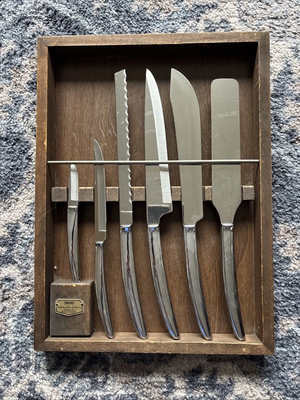 Vintage 6 Pc Mid Century Modern Kitchen Saladmaster Cutlery Knife Set Wood Case