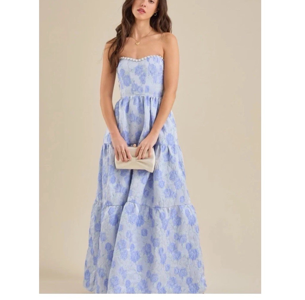 Strapless Blue White Floral Jacquard Maxi Dress Pearl Trim Pockets | eBay Strapless Blue White Floral Jacquard Maxi Dress Pearl Trim Pockets | eBay