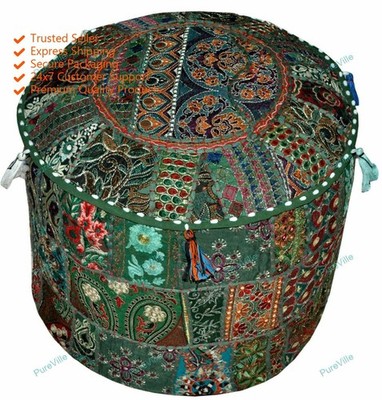 Indian Vintage Floral Pouf Ottoman Cover Footstool Ethnic Room Decor