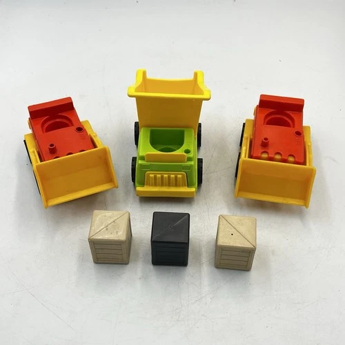 Vintage Fisher Price Little People Lift and Load #942 6pc Work Trucks & Cargo