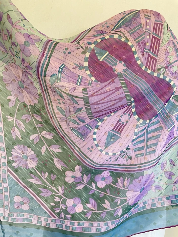 Y8# Lanvin Paris Bufanda de Seda Transparente Floral Geométrica Rosa Verde Púrpura De Colección Foto 3 de 4