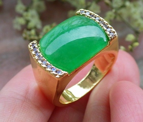 Fashion Genuine Green Jade Cabochon Inlay Cubic Zirconia Yellow Gold Plated Ring - Picture 2 of 4