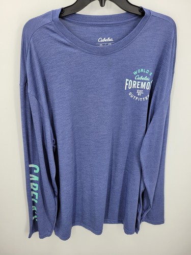 Cabelas Shirt Mens 2XL Blue Long Sleeve Crew Neck Graphic Performance Fishing