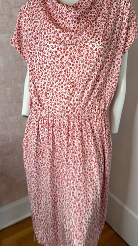 vtg silk knee length small red cherry blossom print stretch waist dress sz M - L - Video 1 of 1