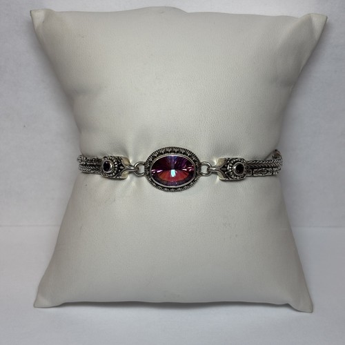 Sarda Sterling 925 Silver Pink Stone Double Stand Flower Accent Bracelet 8 in - Picture 3 of 6
