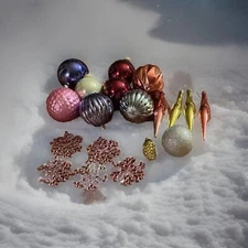 Assorted Christmas Ornaments Lot Of 19 Balls Icicles Snowflakes Plastic