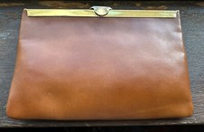 Vintage NWT Brown Etra genuine leather evening clutch bag gold tone chain  clasp