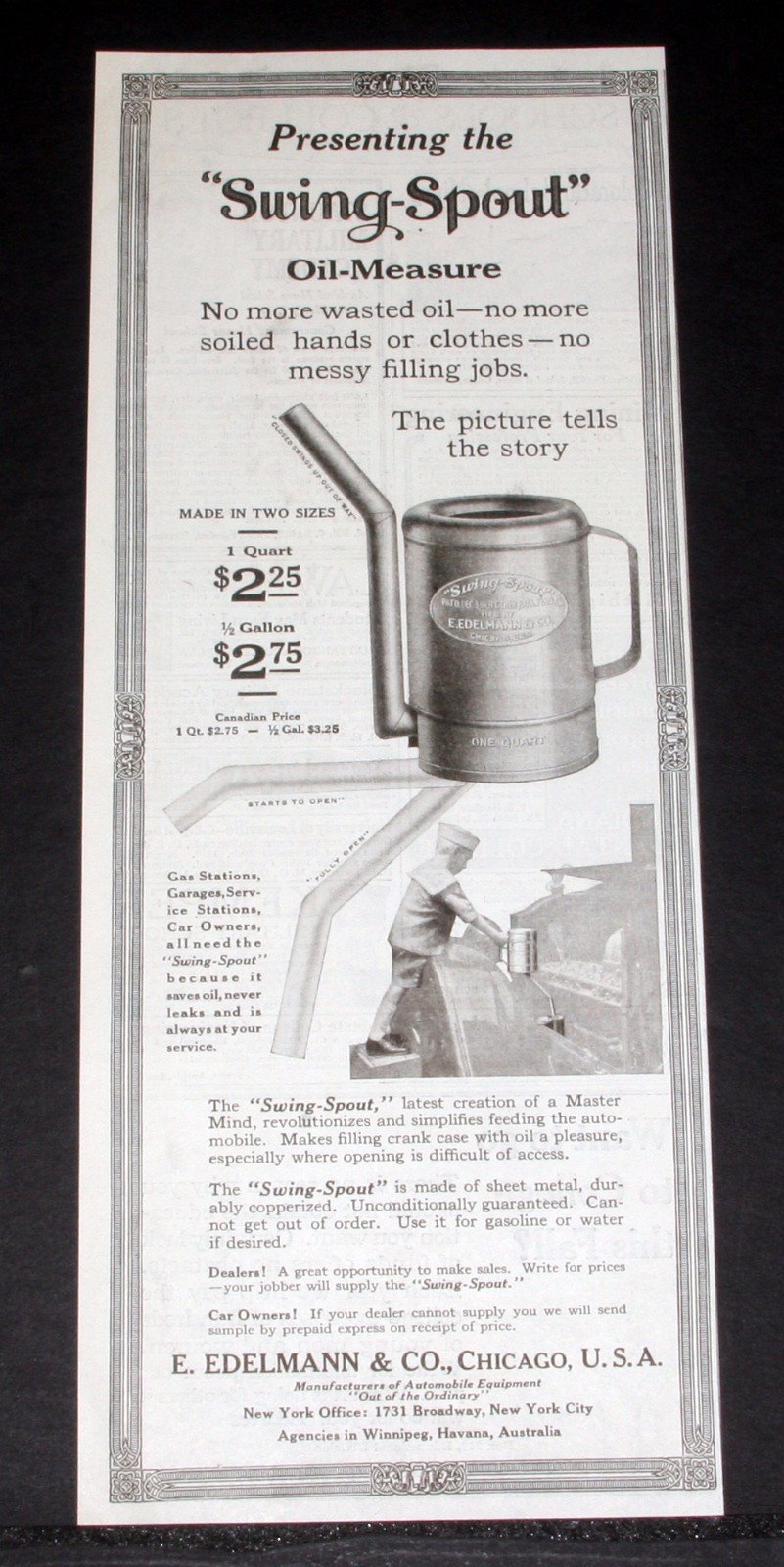 1919 OLD MAGAZINE PRINT AD, EDELMANN "SWING-SPOUT" OIL-MEASURE CAN, NO WASTE!