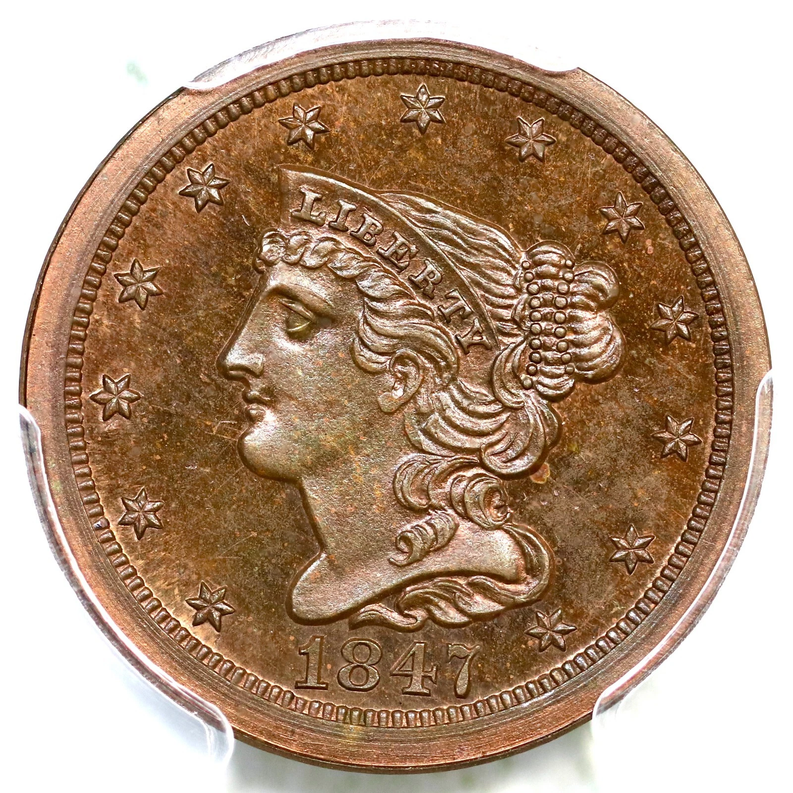1847 Restrike R-5 PCGS PR 65 RB CAC Braided Hair Half Cent Coin 1/2c