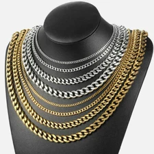 3-11mm Silver/Gold Plated Stainless Steel Cuban Link Necklace Chain Choker 16-24