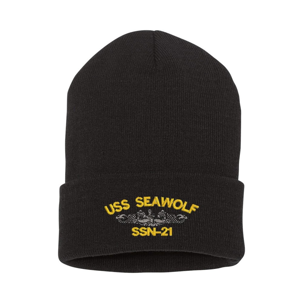 USS SSN-21 embroidered black beanie hat, embroidered black cuff beanie