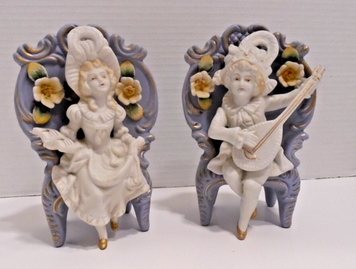 VTG 2 Ceramic Victorian Man and Woman Wall Pocket Vases - Picture 2 of 14