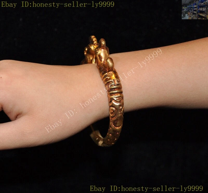 Chinese dynasty bronze 24k gold Gilt phoenix ring Bracelet Bangle Hand Chain