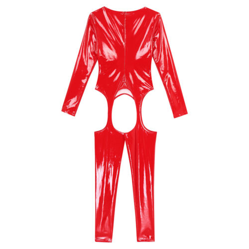 Damen Kunstleder Jumpsuit Overall Wetlook Body mit Hosenträger Strümpfe Clubwear - Bild 6 von 39