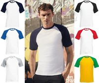 SHORT SLEEVE BASEBALL T Shirt Fruit of the Loom Sport Contrast Casual Cotton Tee