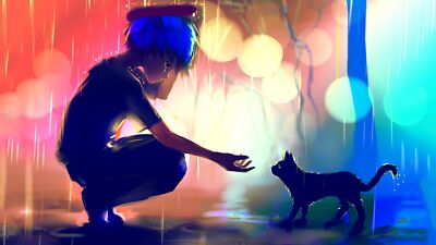 Anime girls  rain cats apofiss blue hair bokeh lights playmat gaming mat