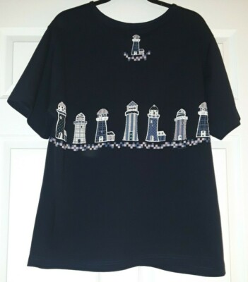 Women's Art Unlimited Navy Blue Pullover SS Top With Lighthouses Size XXL.