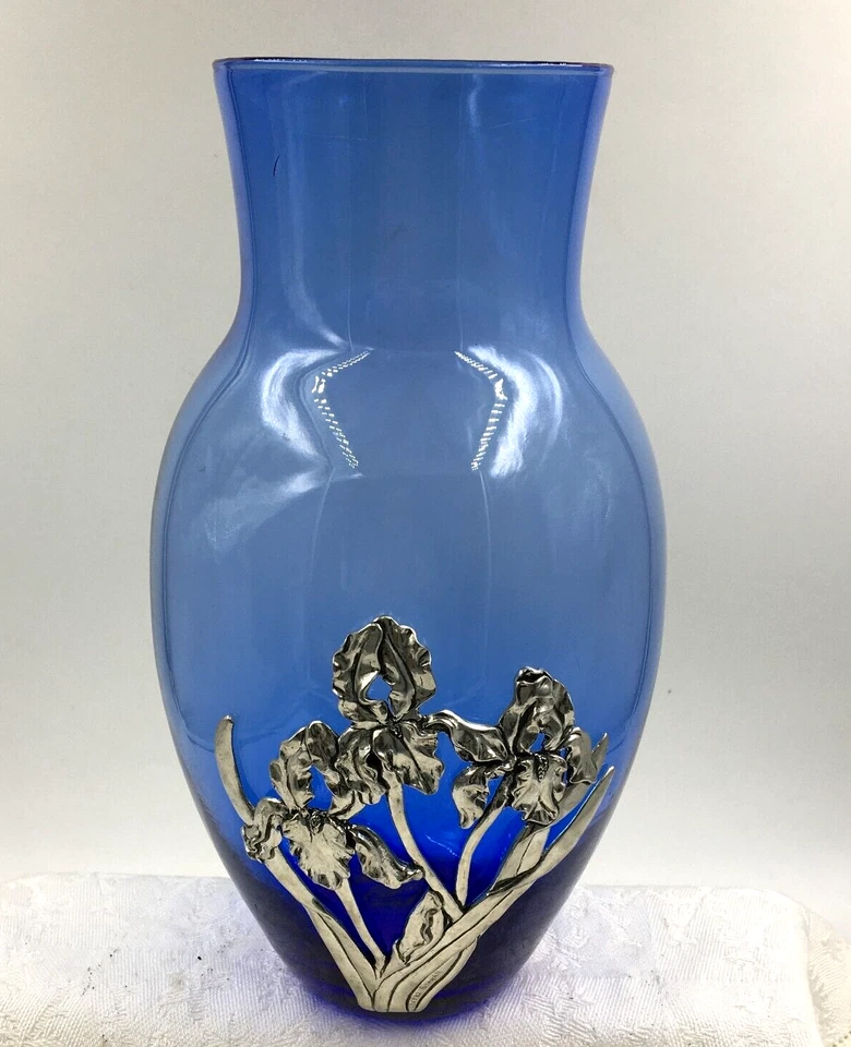 Винтажная синяя выдувная стеклянная ваза Vidrios Levante оловянный букет ирисов Испания 10,25 дюйма - Изображение 2 из 4