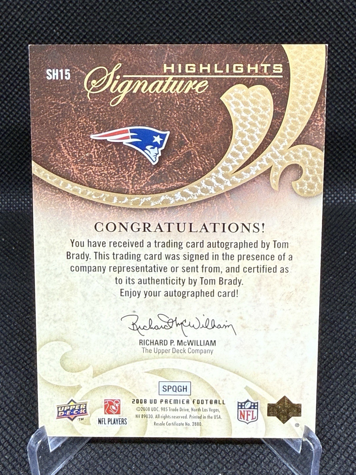 Tom Brady 2008 Upper Deck Premier Signature Gold Auto /25 #SH15 GOAT Patriots view 3