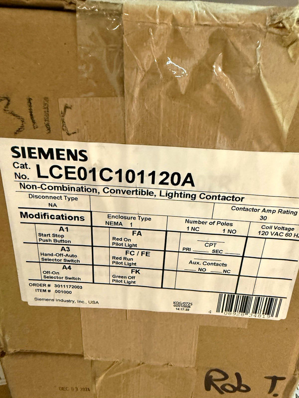 Siemens LCE01C101120A Convertible Lighting Contactor 30A 120VAC Coil 1P