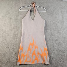 Forever 21 Women Grey Orange Flame Knit Halter Mini Dress Medium NEW