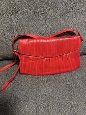 VTG Genuine Eel Skin Leather Red Clutch Shoulder Handbag Detachable Strap Korea