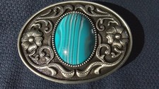 TURQUOISE with Veining Stone Inlay Floral Engraved WESTERN Pewter Belt Buckle