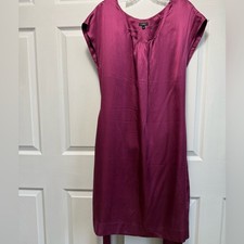 Talbots raspberry silk shift dress gathers around scoop neck pull on style