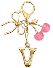 Gold Initial Keychain with Bow Cherry - Letter V Bag Charms for , Cute Tren...