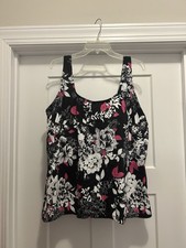 SWIMSUITS FOR ALL Size 24 Tankini Top Inner Bra Adjustable Straps Black Floral