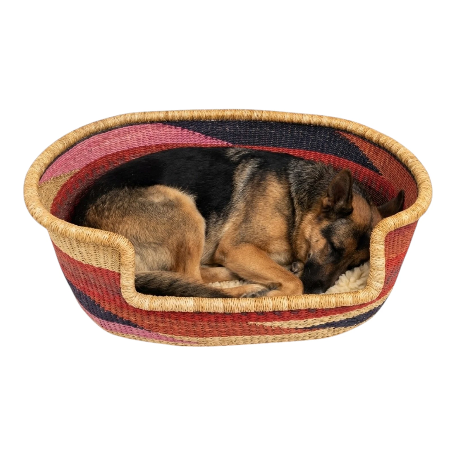 Large Bolga Dog Bed Basket Woven Elephant Grass Maroon Natural Earth Tone Tribal
