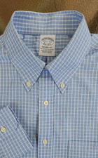 BROOKS BROTHERS SHIRT, Men's 16.5 x 33 Regent, BLUE White Plaid, NO IRON Stretch