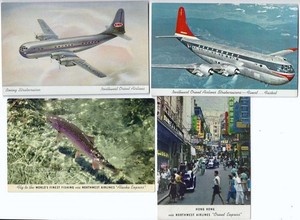 Northwest Orient Airlines (4) postcards Hong Kong, Alaska, Boeing Stratocruiser