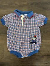 VINTAGE Checkered Bear Embroidered Short Sleeve Collared Romper Healthtex