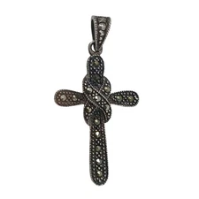 Sterling Silver Marcasite Cross Pendant W/ Intricate Knot 1.75" Vintage #G4