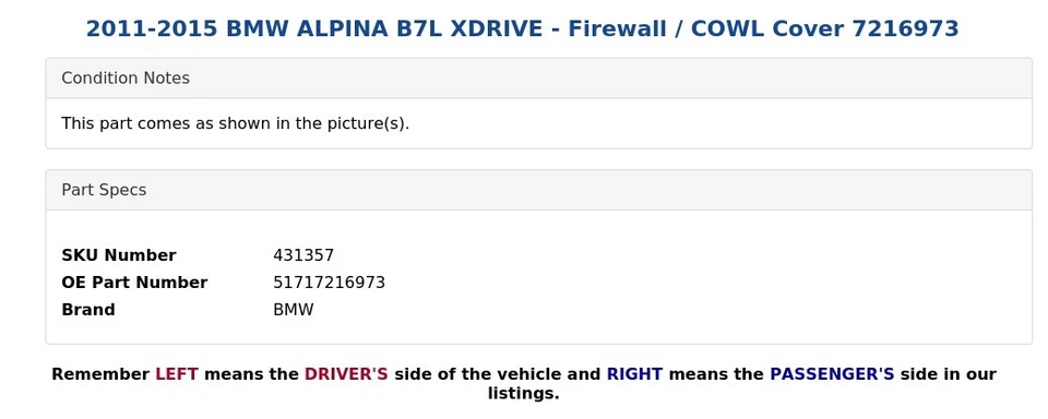 BMW ALPINA B7L XDRIVE 2011-2015 - Cubierta cortafuegos/cowl 7216973 Foto 4 de 4