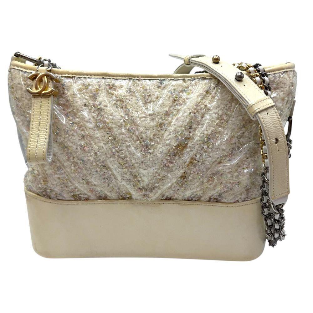 CHANEL Gabrielle Hobo Tweed & PVC Medium Chain Shoulder Bag Ivory 151209884 [U]