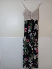 AZZ Dress Womens L/XL Black Floral Crochet Bodice Maxi Smocked Boho Sundress